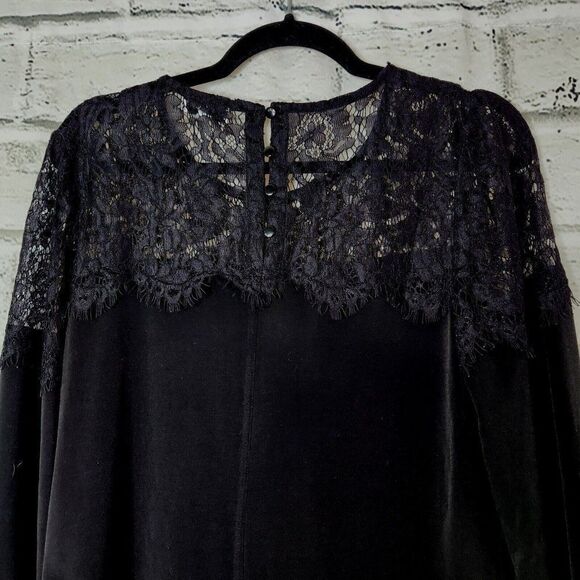 Trucloth Long Sleeve Solid Black Lace Neckline Knee Length Shirt Dress Large LBD - Picture 5 of 11
